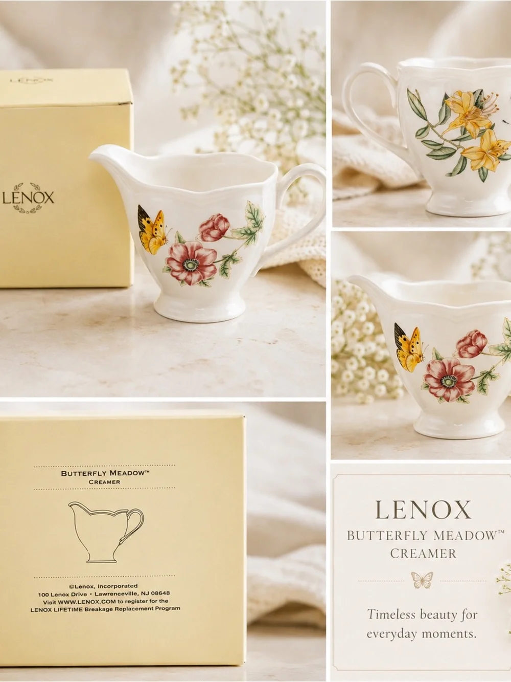 Lenox Butterfly Meadow Porcelain Creamer in White with Yellow and Pink